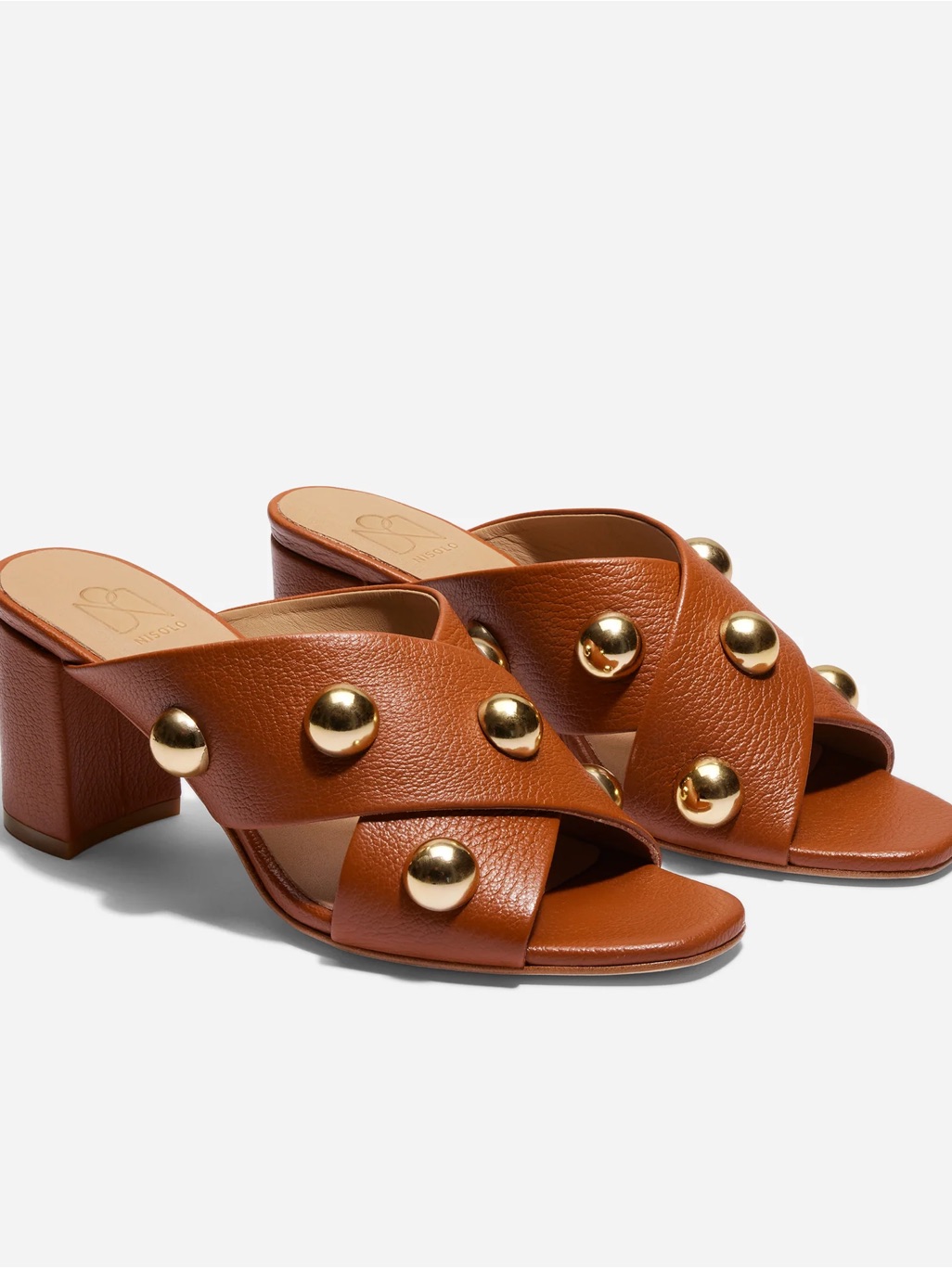 Nisolo Tan Leather Crisscross Mule With Gold Studs
